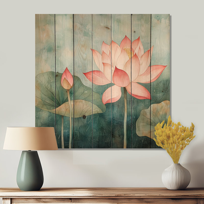Lis Lily Aura de Lotus IV - Art mural moderne sur bois de pin naturel, H 25 po x l 25 po x P 0,78 po