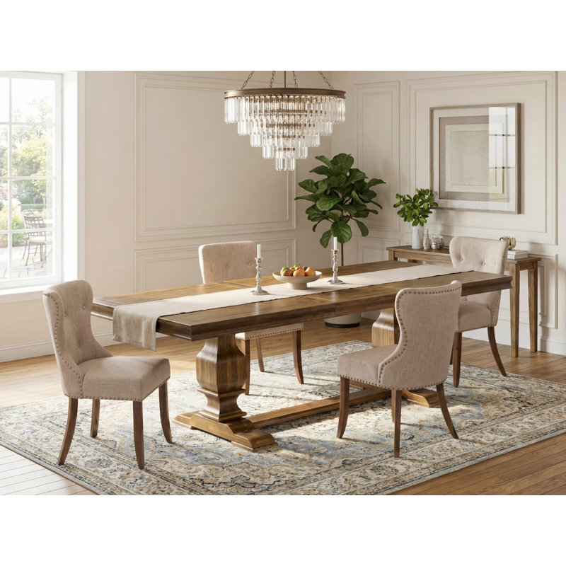 L'ensemble de salle à manger 5 pièces Mid Century comprend une table de salle à manger moderne et 4 chaises modernes en tissu de lin brun clair avec dossier capitonné - Finition noyer antique
