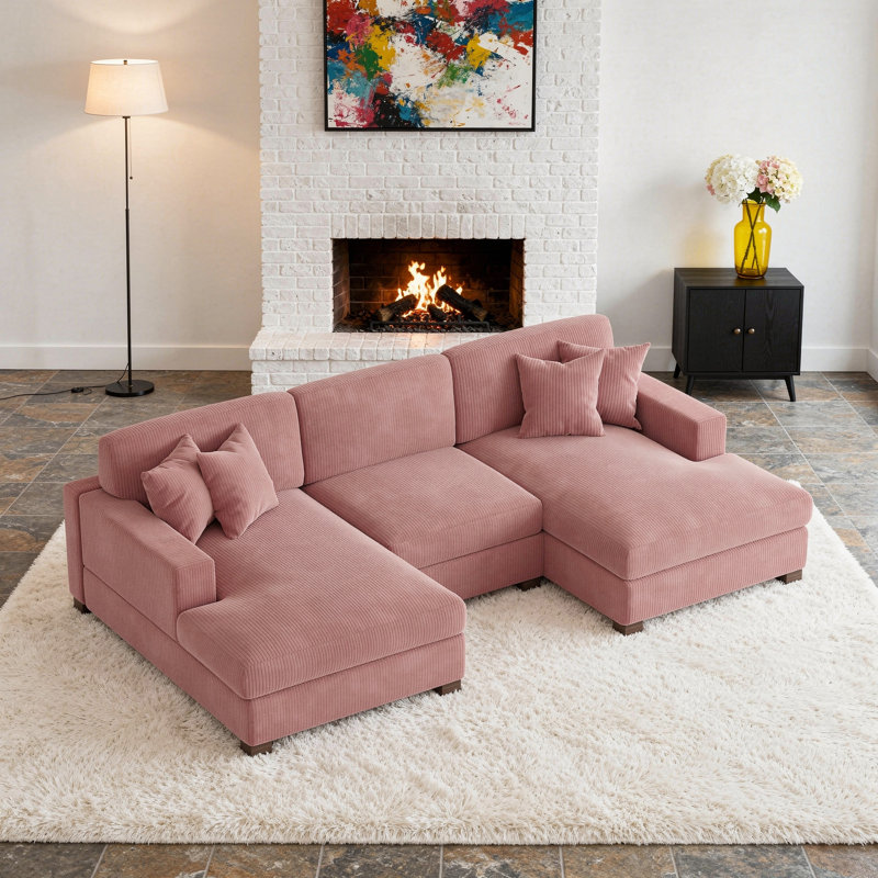 Canapé modulaire en velours côtelé, H 33 po x l 116 po x P 63 po, Velours côtelé rose