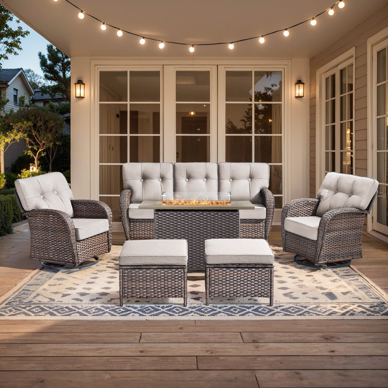 Ensemble de conversation pour patio en osier 6 pièces avec table rectangulaire et chaises pivotantes Teebeck, Beige