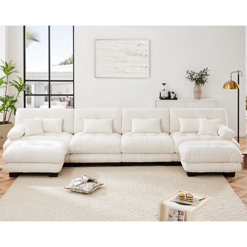 Chenille 4 U en forme de U - avec 2 repose-pieds confortables en blanc pour une personnalisation de l'espace polyvalent élégant du canapé