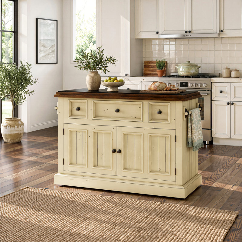 Harpenden Solid Wood Kitchen Island with Locking Wheels, Country White/Black
