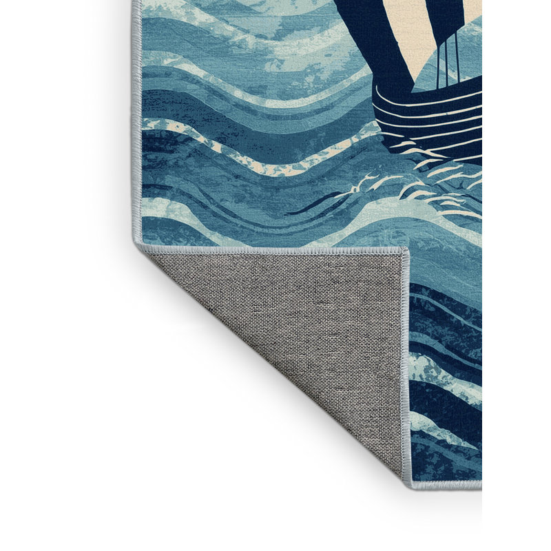 Machine Washable Daleville Viking Longship Nautical Striped Rug in Green – SkyBlue Binding, 6x9