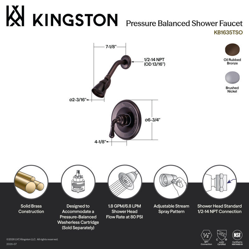 Robinet de douche à poignée simple en laiton Kingston, garniture seulement, Nickel brossé