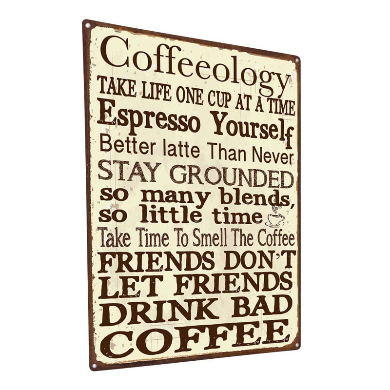 Coffeeology sur impression métallique, H 15,5 po x l 11,5 po x P 0,04 po