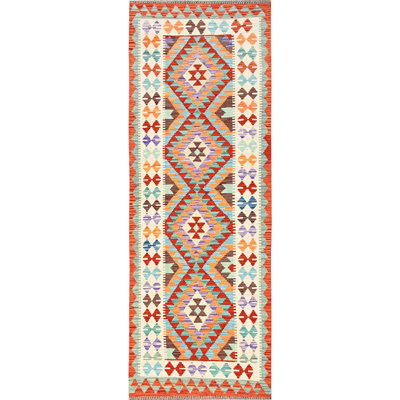 2'9"x8'1" Colourful, Hand Woven, Flat Weave, 100% Wool, Afghan Kilim with Geometric Pattern, Vegetable Dyes, Reversible, Runner, Oriental Rug