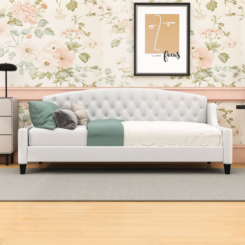 Twin Upholstered Daybed with Tufted Button Design, Beige
