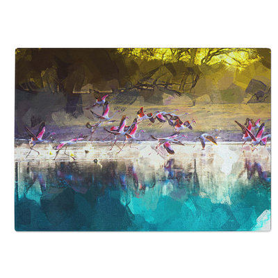 Glass Flamingos Taking Flight in Abstract Chopping Board