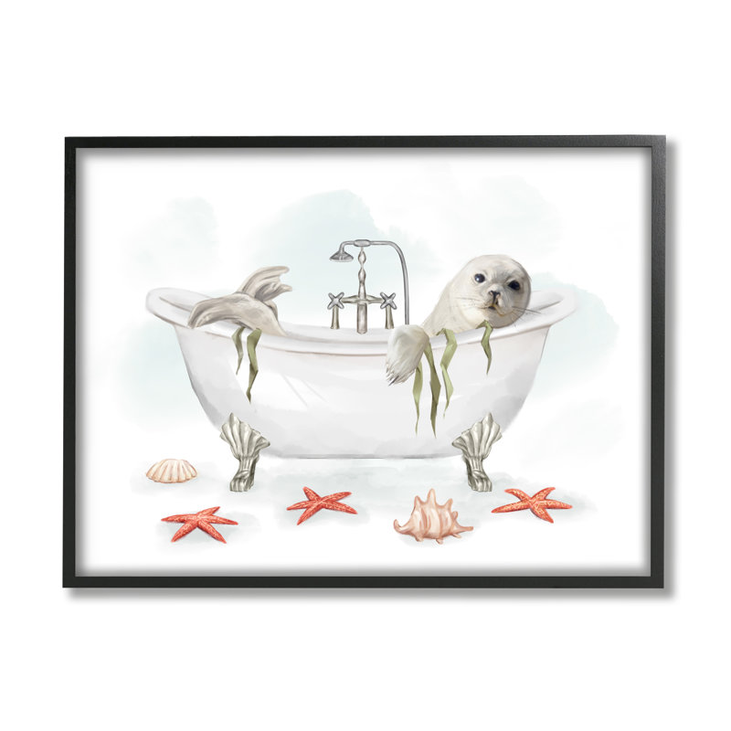 «White Harp Seal Ocean Inspired Bath Animal» par Ziwei Li - impression, H 16 po x l 20 po, Giclée encadrée noir minuit