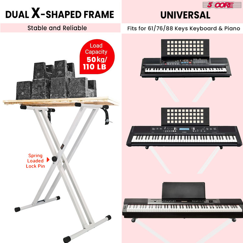 5 Core Keyboard Stand Double X Style Adjustable Piano Riser + Keyboard Piano Bench, White