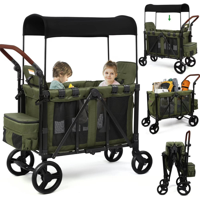 3 in 1 Foldable Double Wagon Stroller With Conopy – 200lb Capacity,Black, Black, 50.41" H x 38.2" W x 22.4" D, 2