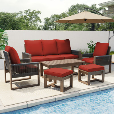 6-Piece Outdoor Wooden Wicker Sofa Set with Cushions – Includes 3-Seater Sofa, 2 Armchairs, 2 Ottomans, and Coffee Table – All-Weather Patio Furniture Set
