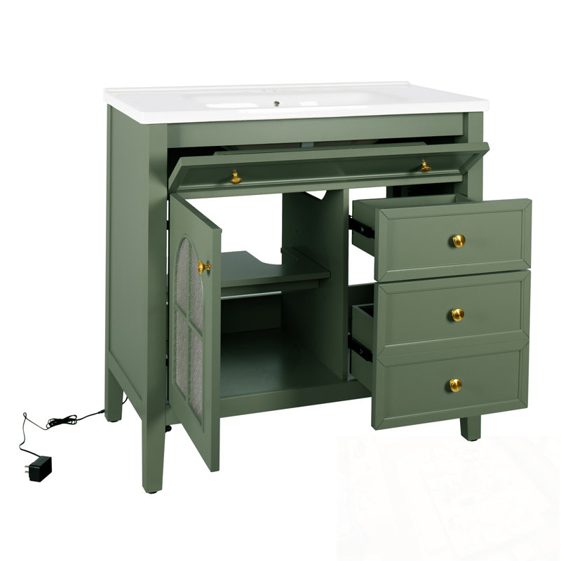 Meuble-lavabo avec lavabo, bande lumineuse et 2 tiroirs, Vert