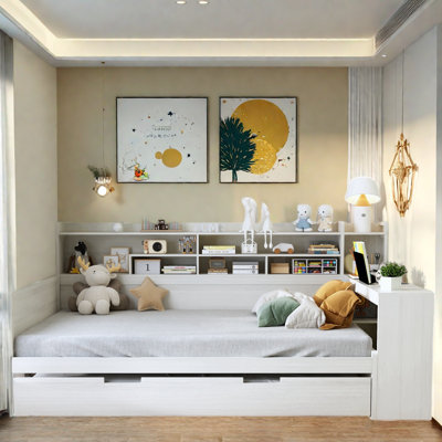 Multifunctional Wooden Daybed With Storage Shelves, Study Desk And Trundle by Red Barrel Studio