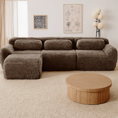 L-Shaped Soft Fluffy Plush Fabric Boneless Modular Sectional Sofa with Ottoman, 32D High Density Sponge Cloud Couch with Throw Pillows, No Assembly Required Anti-Slip Design