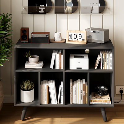 Record Player Stand with Vinyl Storage, Charging Station, Open Shelves – Wooden Cabinet Holds 350 Albums – Large Cube Organizer for Living Room, Bedroom, Office – Black