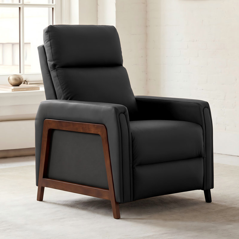Mid-Century Modern Push-Back Wood-Framed Leather Recliner, Black