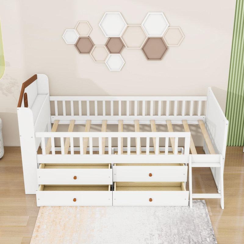 Lit simple avec 4 tiroirs et garde-corps, Blanc