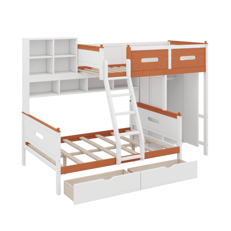 Lit superposé simple en bois double avec lit double équipé d'une armoire, de tiroirs, d'étagères et d'un éclairage à DEL