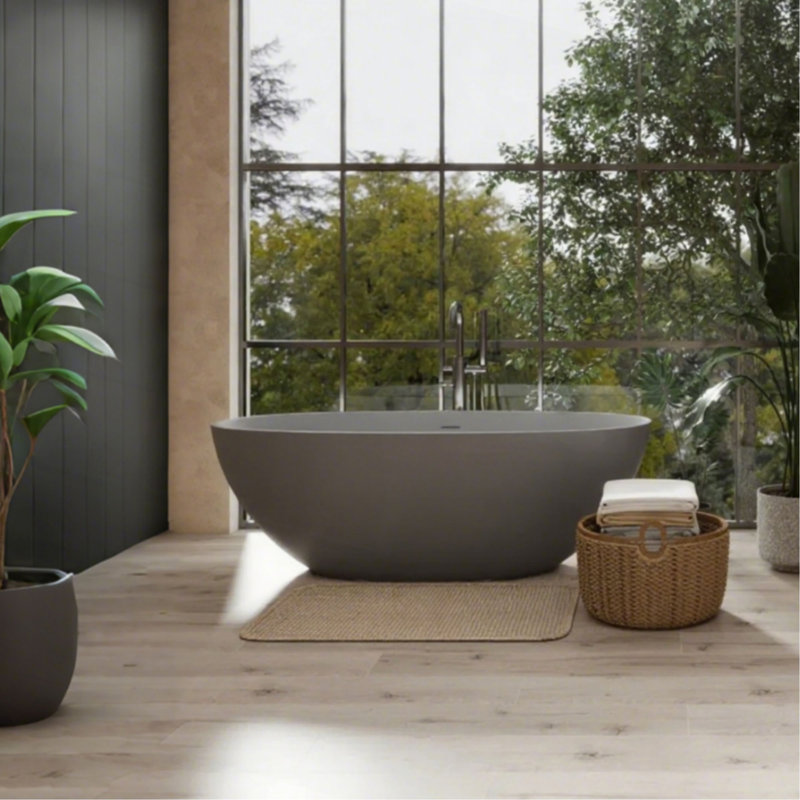 65" Freestanding Solid Surface Bathtub, Luxury Handcrafted Stone Resin Freestanding Soaking Bathtub With Overflow Pop-Up Drain Sanding Sponge, Matte Grey GF-24S06-65MG