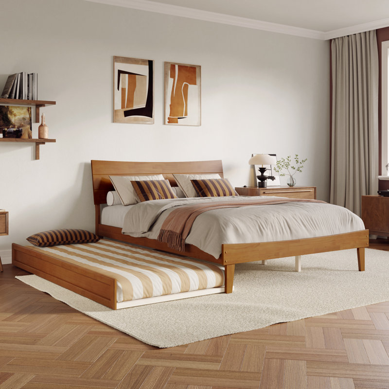Phoenix Wood Platform Bed with Trundle, Light Toffee, Queen