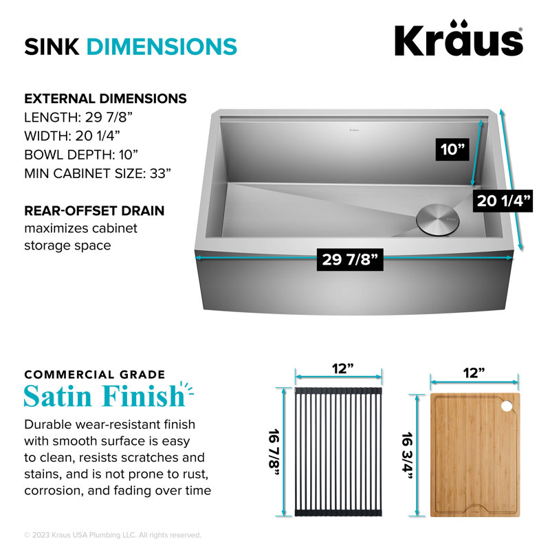 Évier de cuisine KRAUS Kore ™ Workstation Farmhouse, L 30 po x l 20,75 po x H 10 po, Acier Inoxydable