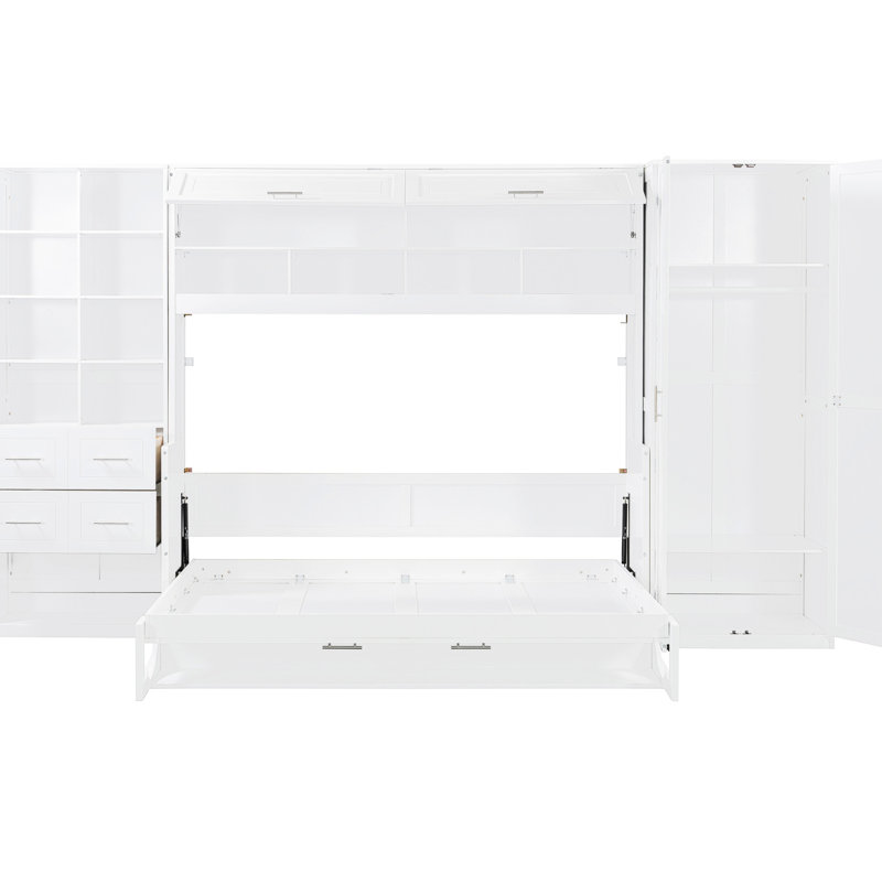 Lit double blanc avec tablette supérieure et deux tiroirs pour un espace de rangement mural