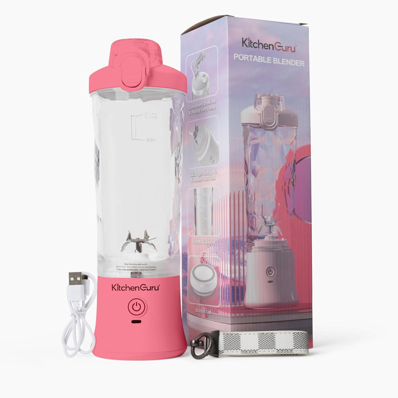 Mélangeur de voyage de cuisine Kitchen Gourou Elite: machine à smoothie personnelle de 240 W avec lame à 6 feuilles, capacité de 600 ml et conception escamotable innovante pour faciliter le transport - à la maison ou en déplacement (rose)