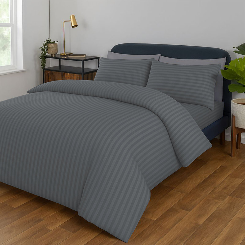 Classic Stripe Microfiber Duvet Set, 4-Piece With Fitted Sheet & Pillowcases, Grey Striped