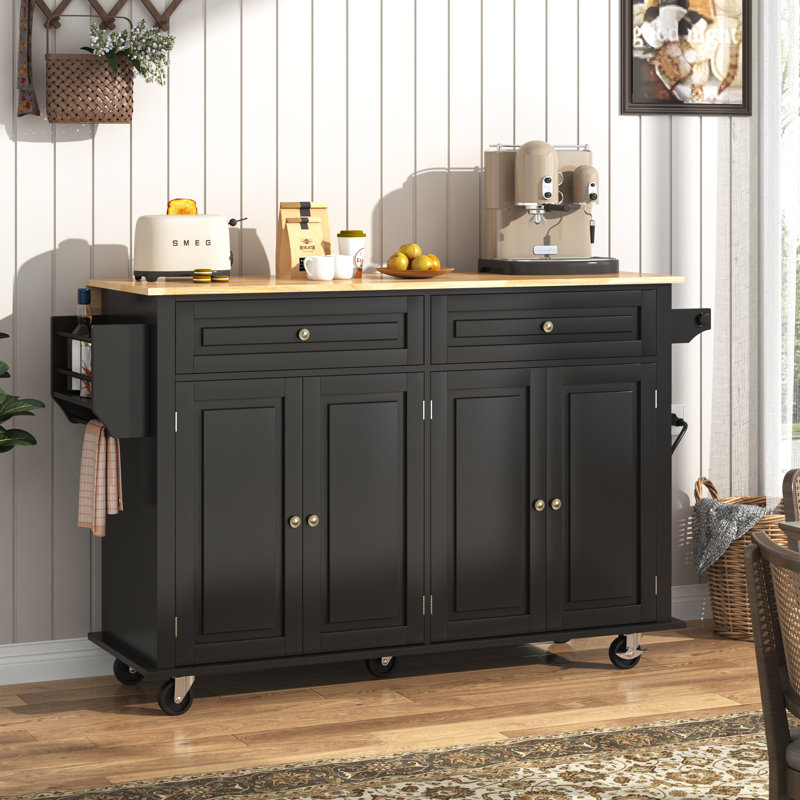 55" Movable Kitchen Island with Drop Leaf and Power Outlet, Rolling Kitchen Cart with Rubber wood Countertop, Island Table on Wheels for Kitchen w/2 Drawers, Spice Rack, Towel Bar, Adjustable Shelves