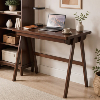 Bureau d'ordinateur en bois d'hévéa massif avec tiroir et pieds en A
