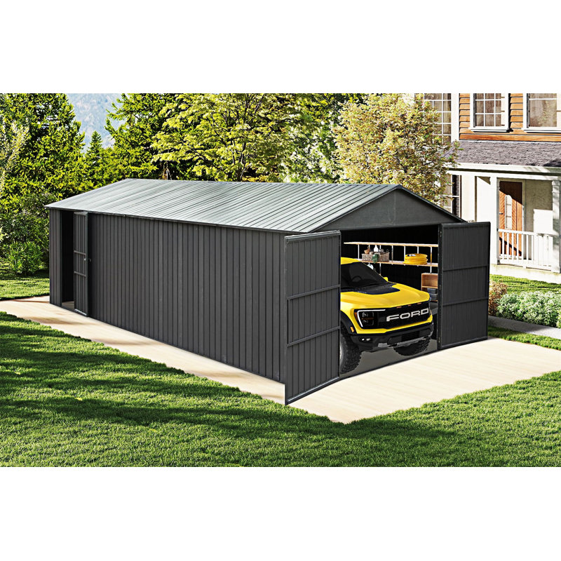 Outdoor Garage Shed With Lockable Double Hinged Doors, 102.81" H x 247.71" W x 149.11" D