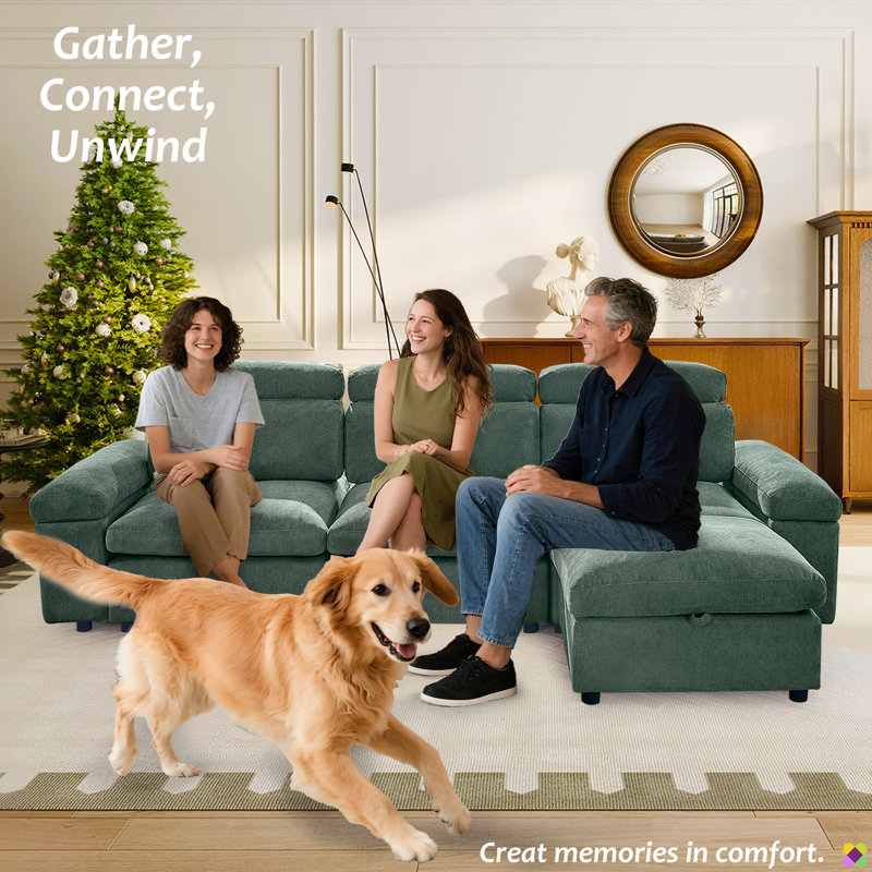 Praylow 114.2"W Polyester Upholstery Down Feather Filled Modular Sectional, Adjustable Backrest & Back Cushion, 22.8" Deapth Seat