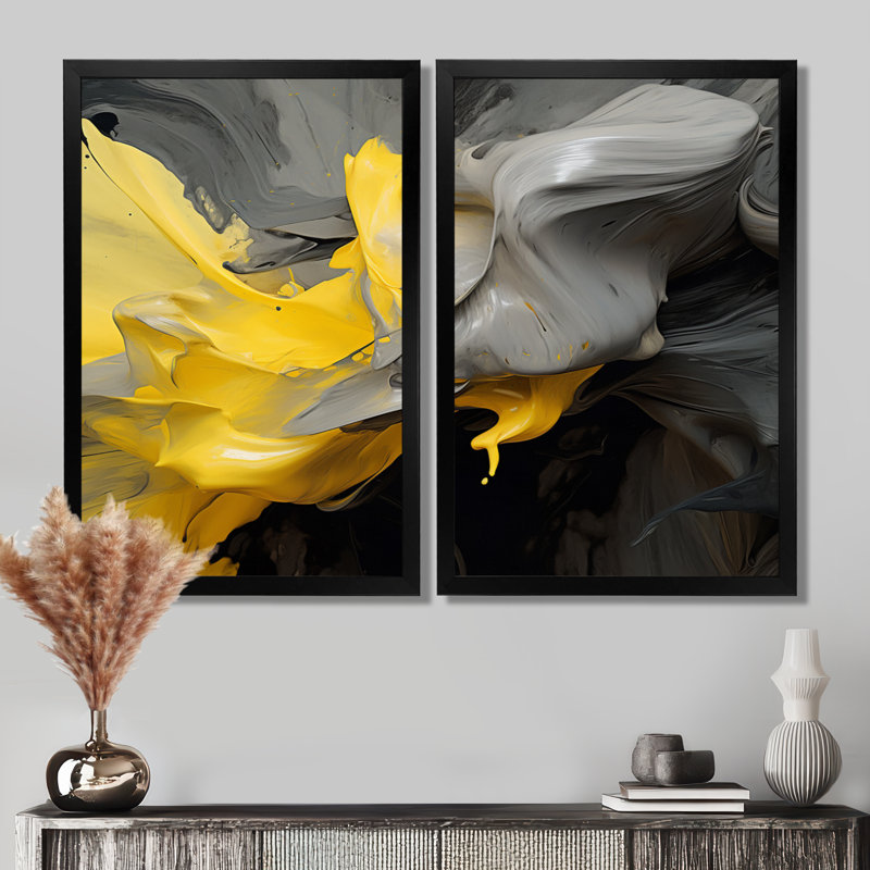 Raw Reflections Yellow Gray - Art abstrait encadré, panneau mural abstrait jaune 2 panneaux, H 36 po x l 48 po, Noir