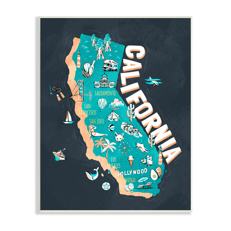 «California Golden State», carte iconographique sur toile «surdimensionnée» par Ziwei Li, H 10 po x l 15 po, Plaque murale