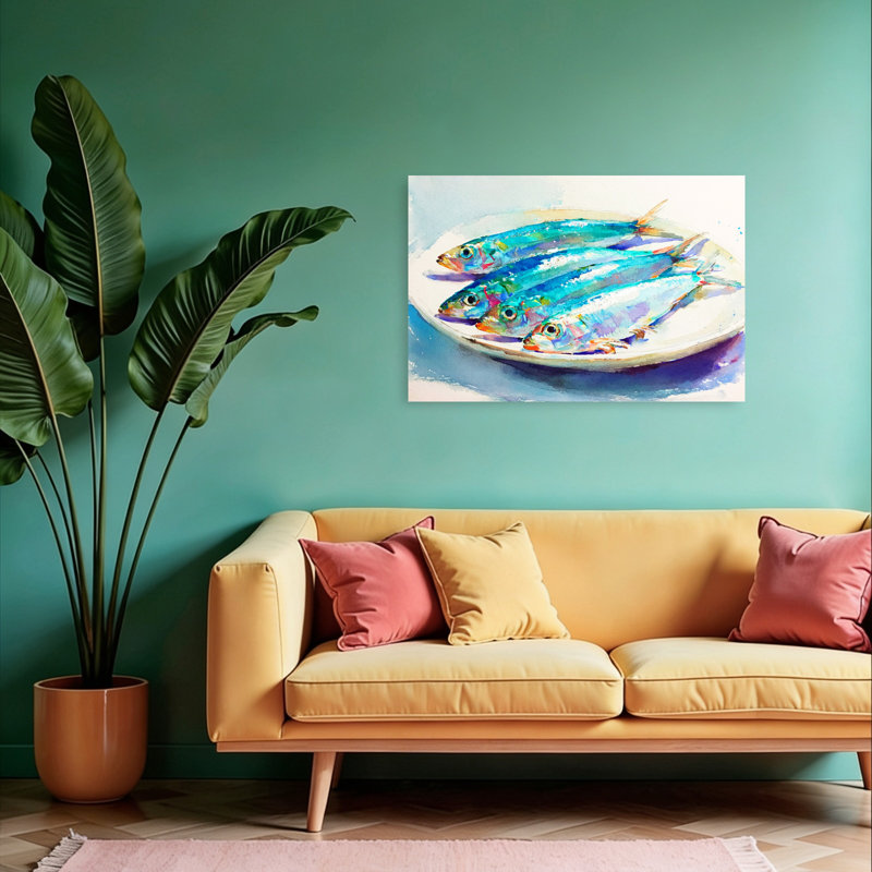 «Vibrant Fresh Sardines Colorful Vibrant Contemporary Fish Ocean», art mural, H 24 po x l 36 po