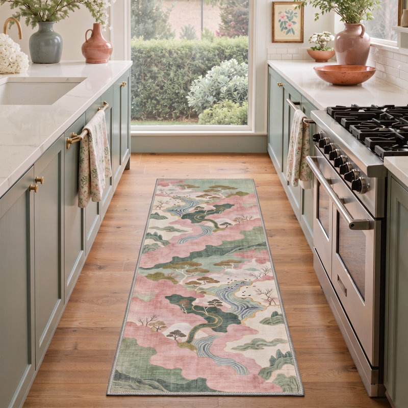Ascentia Chinoiserie Oriental Landscape Scenery Washable Area Rug with Non-Slip Backing, Runner 2' x 7'