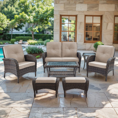 Wicker Conversation Sets Patio Furniture 7 PCS Outdoor Patio Lounge Chairs With Rattan Loveseat，Two Ottomans And Wicker Side Tables Set For Patio Deck Poolside
