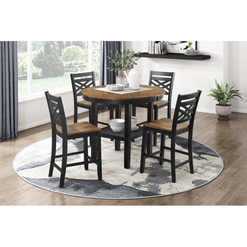 5PCS Counter Height Dining Set, Wooden Round Table With Storage And 4 Counter Height Chairs