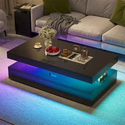 47” High-Glossy LED Coffee Table With 2 Sliding Drawers, Modern Stylish Double-Layer Center Tables With LED Lights