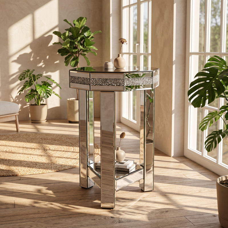 Table d'appoint Kai Lee à deux niveaux en verre miroir et incrustations de cristaux, 35 cm L x 35 cm P x 53 cm H