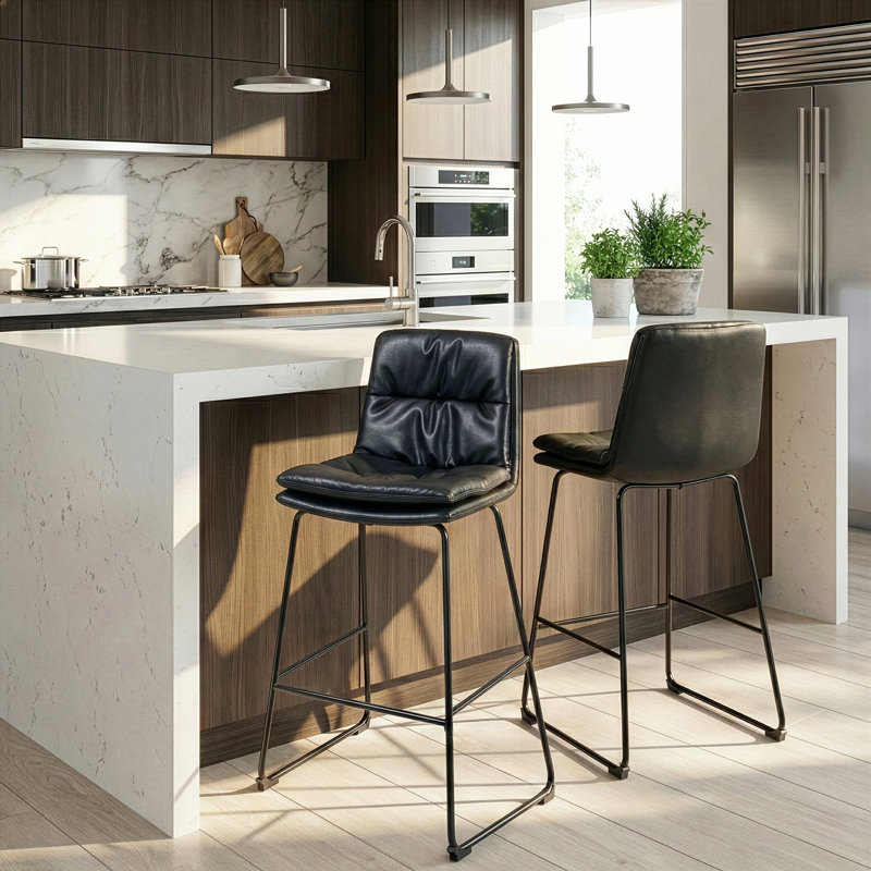 Radee Upholstered Counter Stool with Metal Frame, Black, Counter Stool (26'' Seat Height)