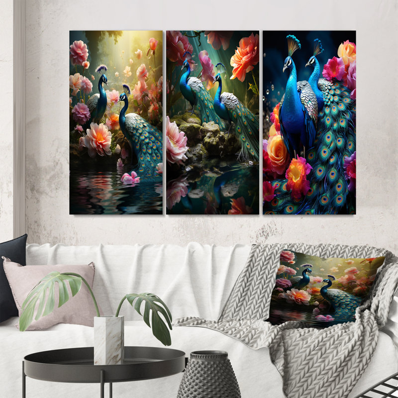 «Teal Coral Indian Art Dancing Peacocks», 3 pièces sur toile, Toile tendue, H 20 po x l 36 po