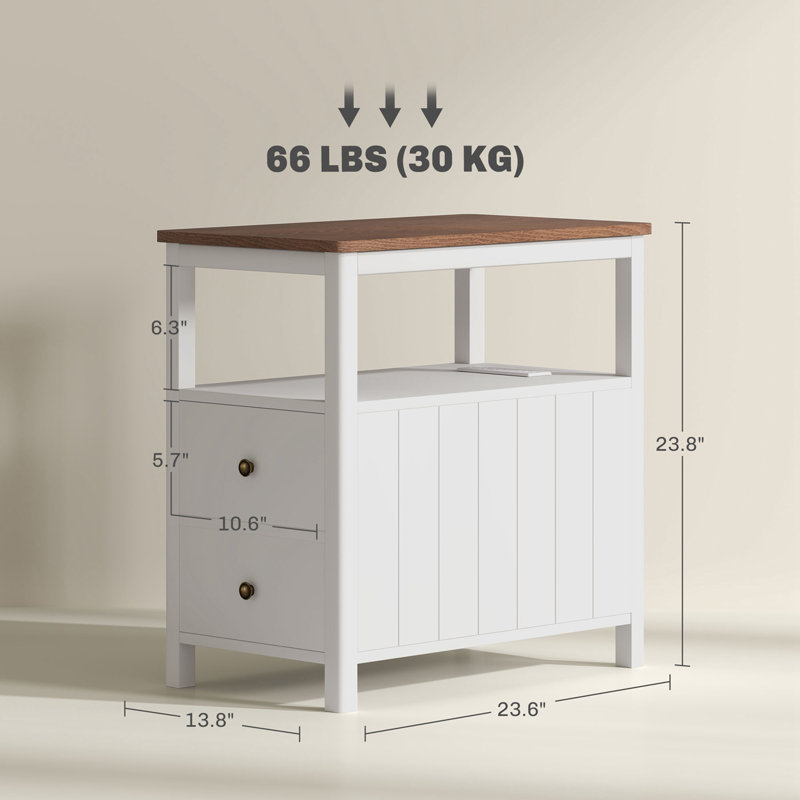 End Table with Charging Station, USB Ports, Drawers and Shelf, White