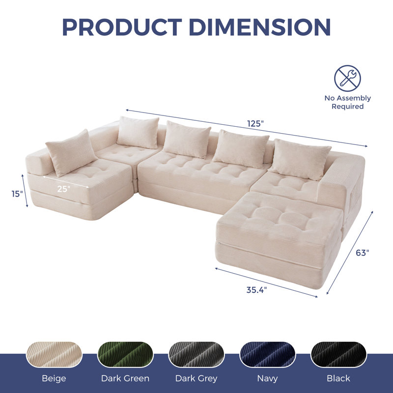 Boneless U Shaped Modular Sectional Sofa Couch, 15" H x 125" W x 63" D, Beige Corduroy
