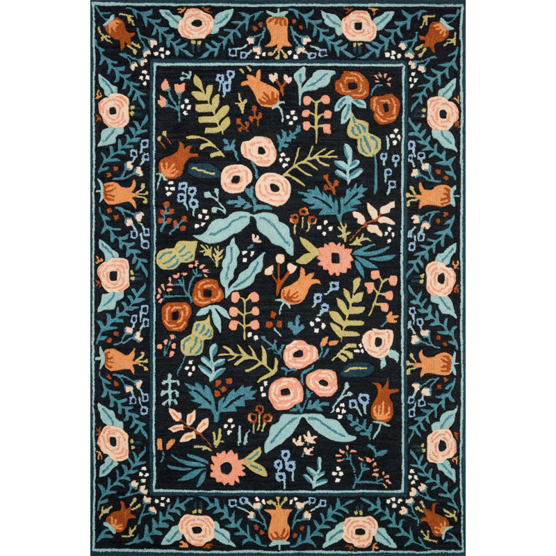 Rifle Paper Co. x Loloi Les Fleurs LES-01 Black Rug, Rectangle 5' x 7'6"
