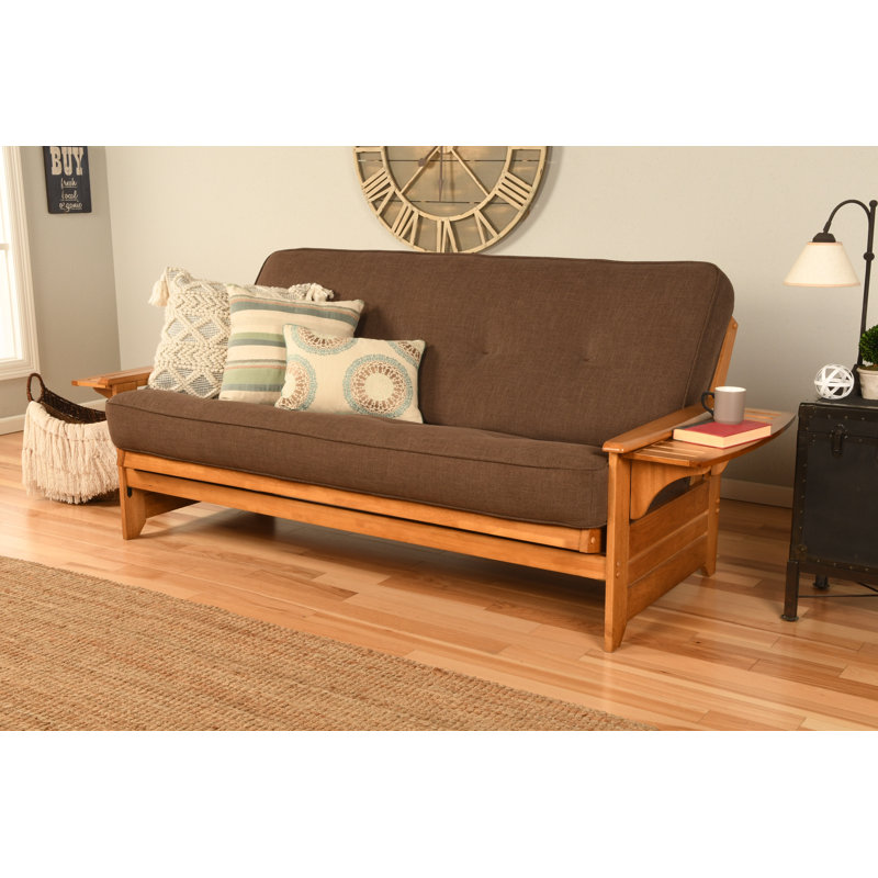 Johnte 82'' Wide Full Futon And Mattress, Butternut, Linen Cocoa Microsuede, Premium Pocket Coil