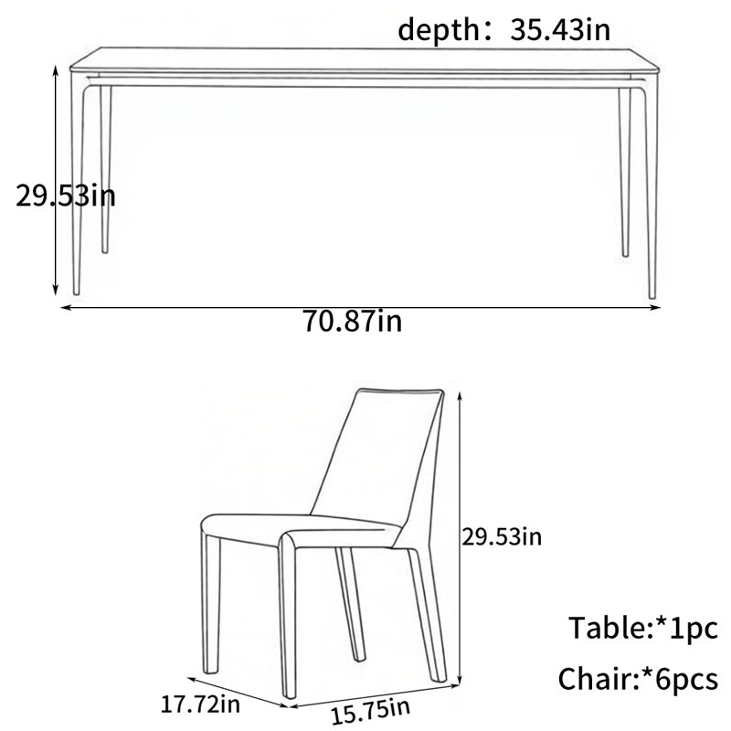 Table de salle à manger rectangulaire simple, 7 pièces : table, 6 chaises, H 29,53 po x l 70,87 po x P 35,43 po