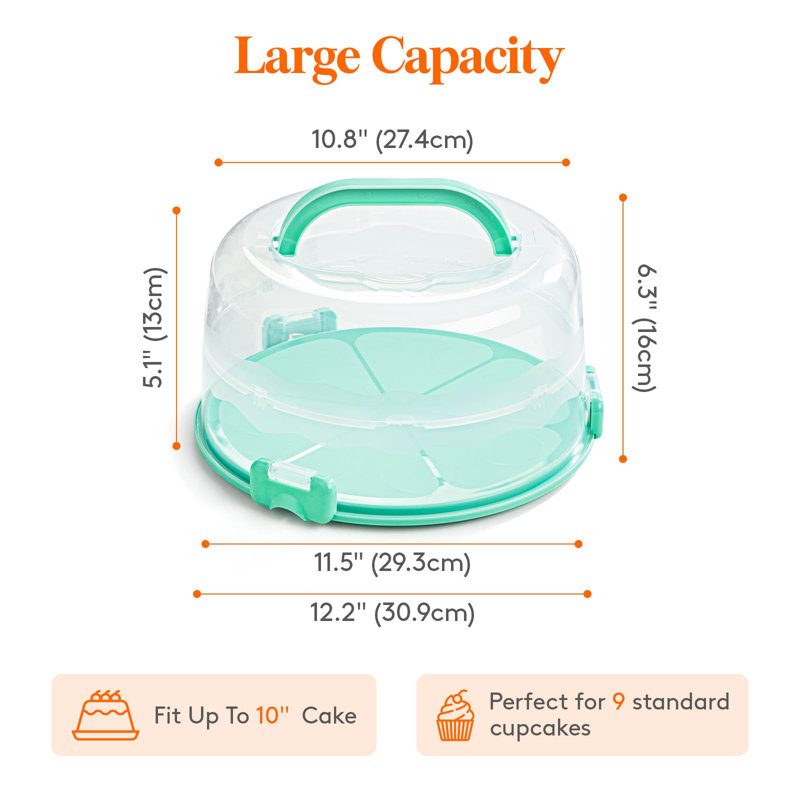 Cake Carrier With Lid And Handle, Two Sided Cupcake Carrier Holder For 10” Cake Or 9 Standard-Sized Cupcakes, Plastic Round Cake Transport Storage Container Stand For Pies And Cookies, Green