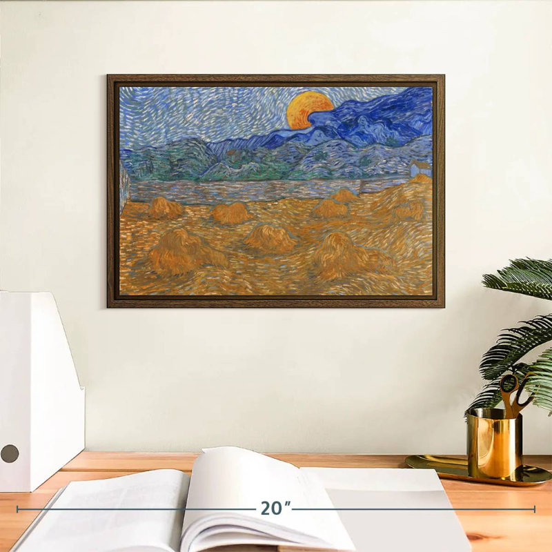 Gerbes de blé et lune montante, 13 po x 9 po, Cadre flottant noyer